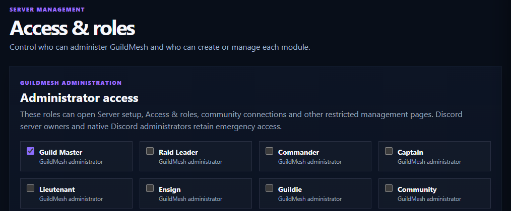 Access & Roles lets administrators choose which Discord roles can manage each module.