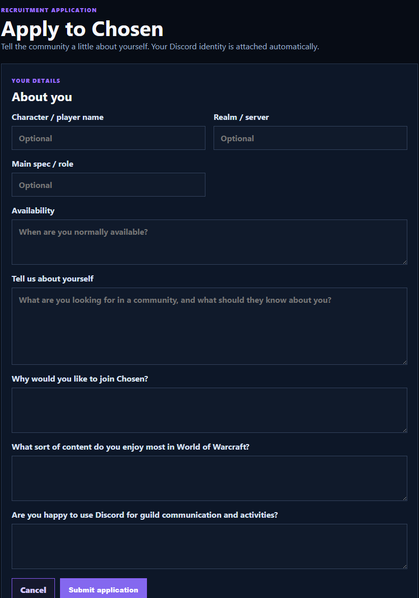 A player can submit a recruitment application directly through GuildMesh.