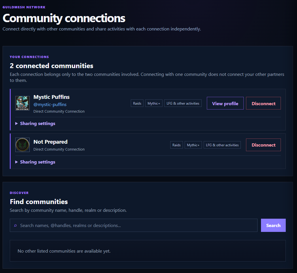 Community Connections shows active and pending relationships between GuildMesh communities.