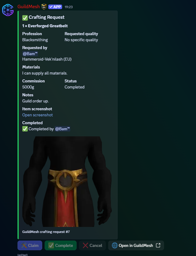 A crafting request advertised in Discord.