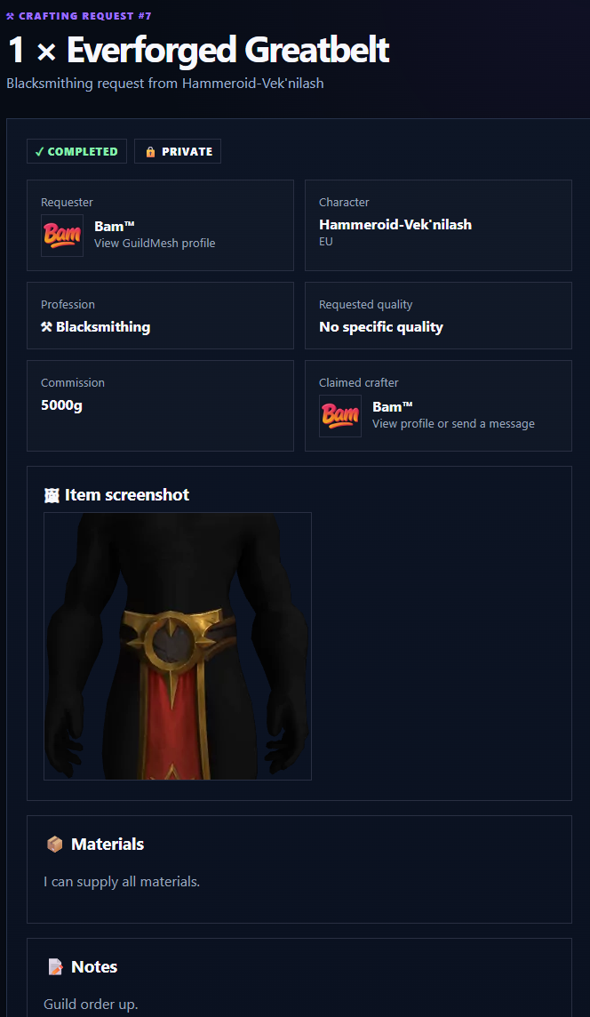 Create a crafting request in GuildMesh, including profession, quality and item information.
