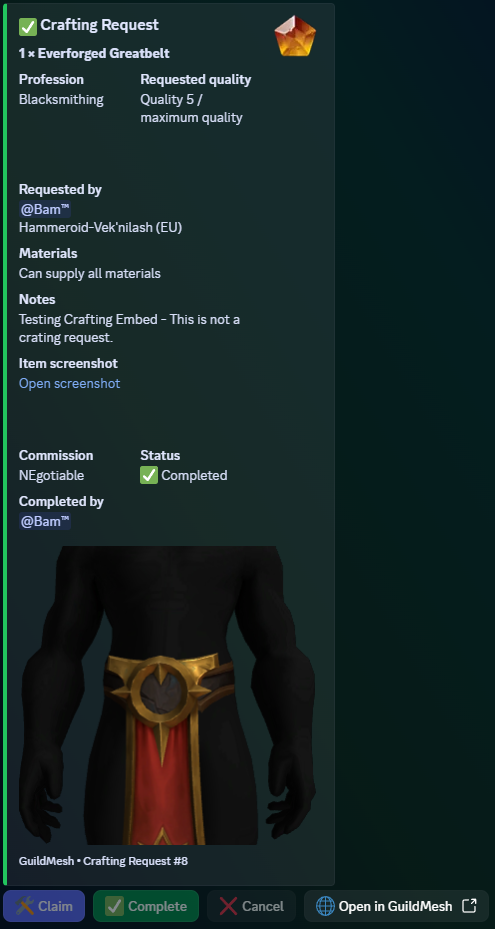 Completed GuildMesh crafting request embed in Discord