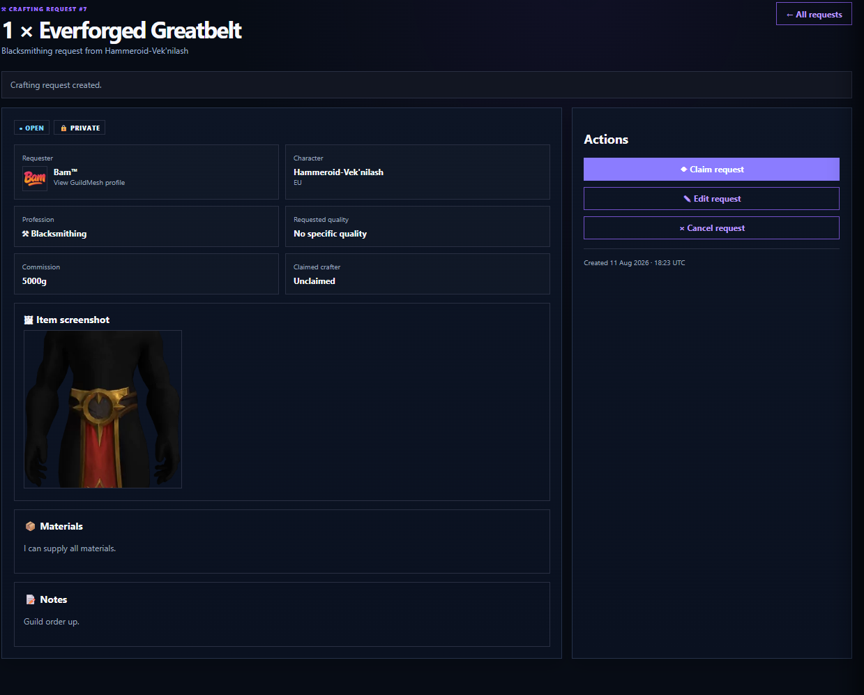 The GuildMesh crafting request detail page tracks request status and actions.