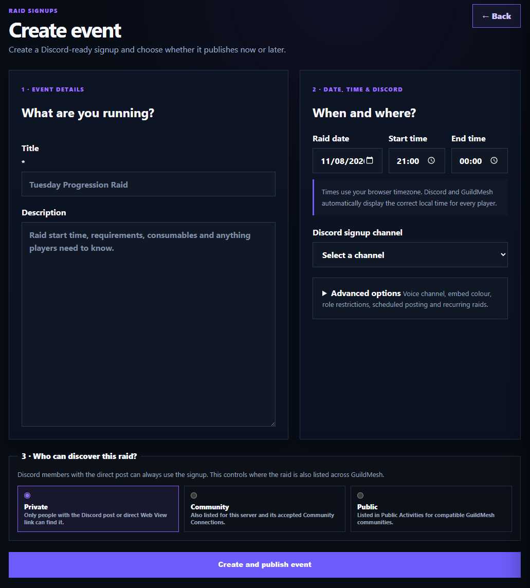 Create a Discord-synchronised community event through GuildMesh.
