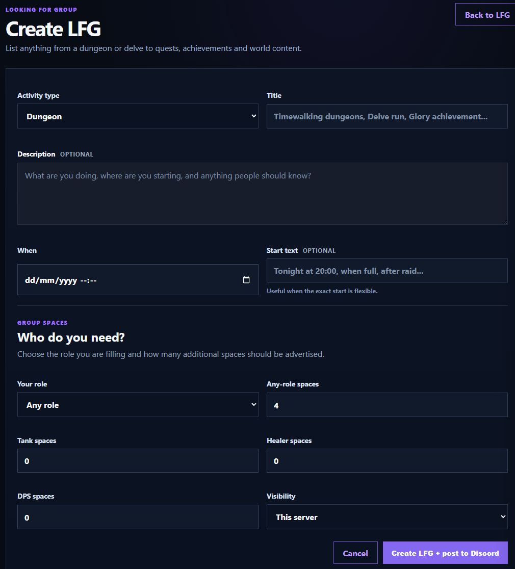 Create a general Looking for Group listing through the portal.
