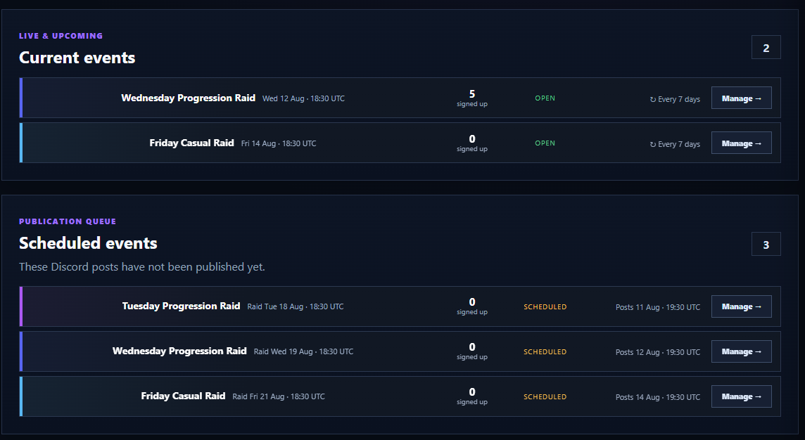 The Raids page separates current raids from scheduled publication items.