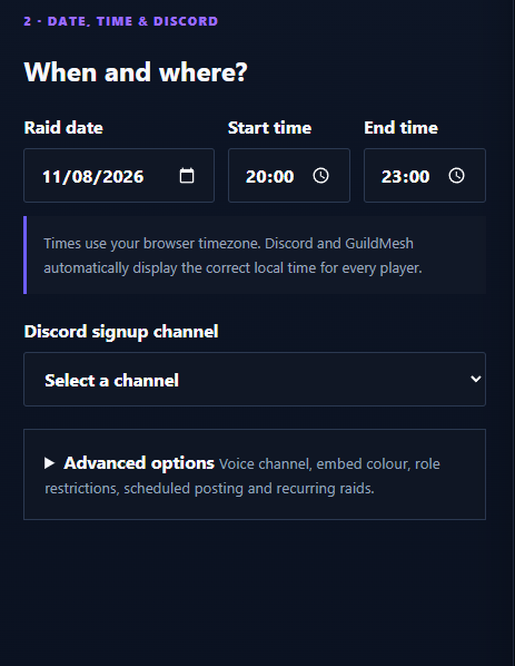 Event scheduling options include timing and publication information.