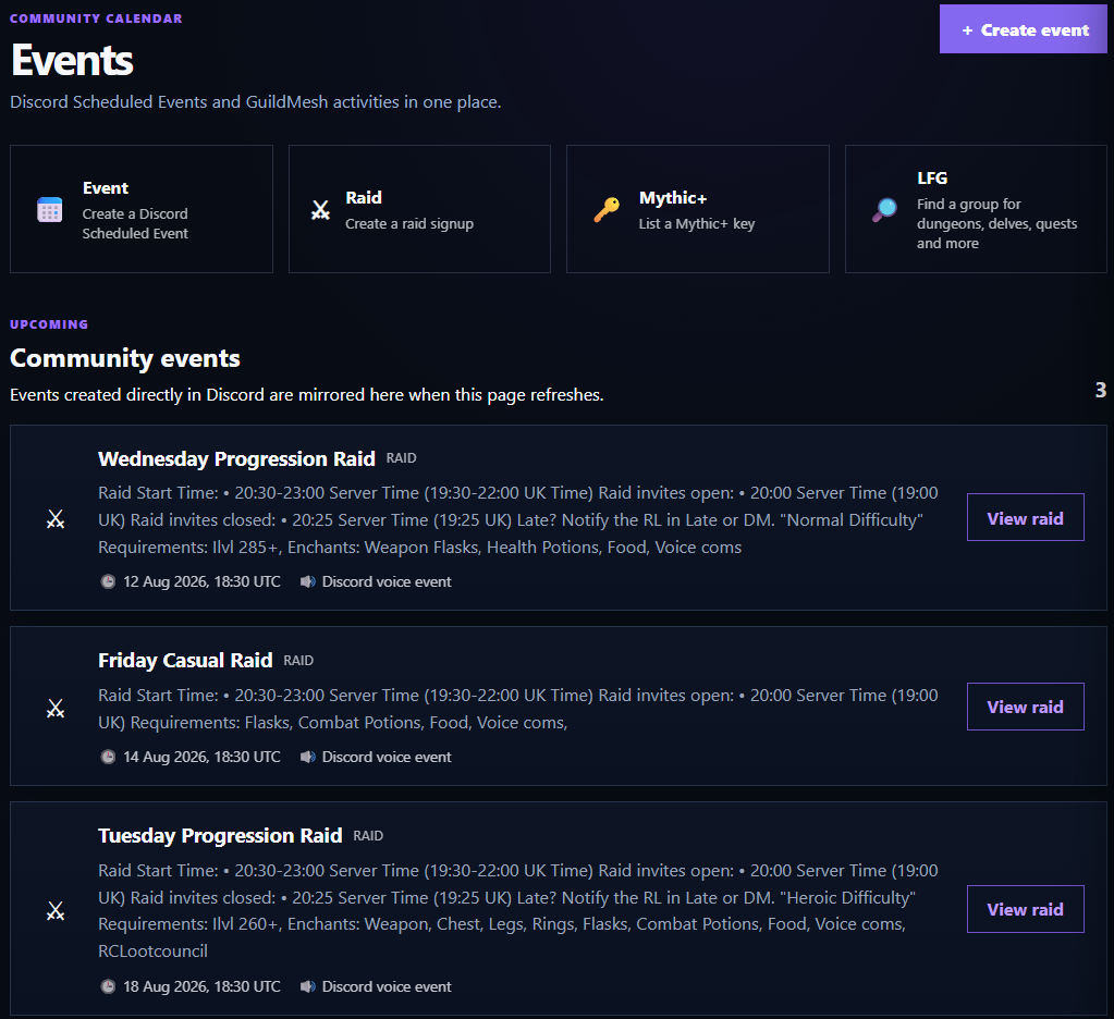 The Events dashboard combines community events and linked Discord scheduled events.