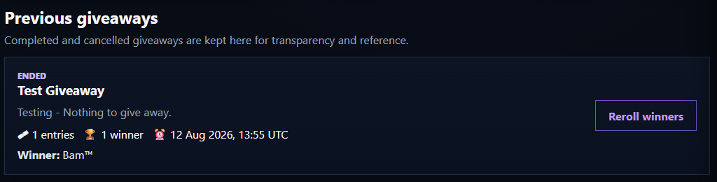 Previous giveaways and winner history remain visible for transparency.