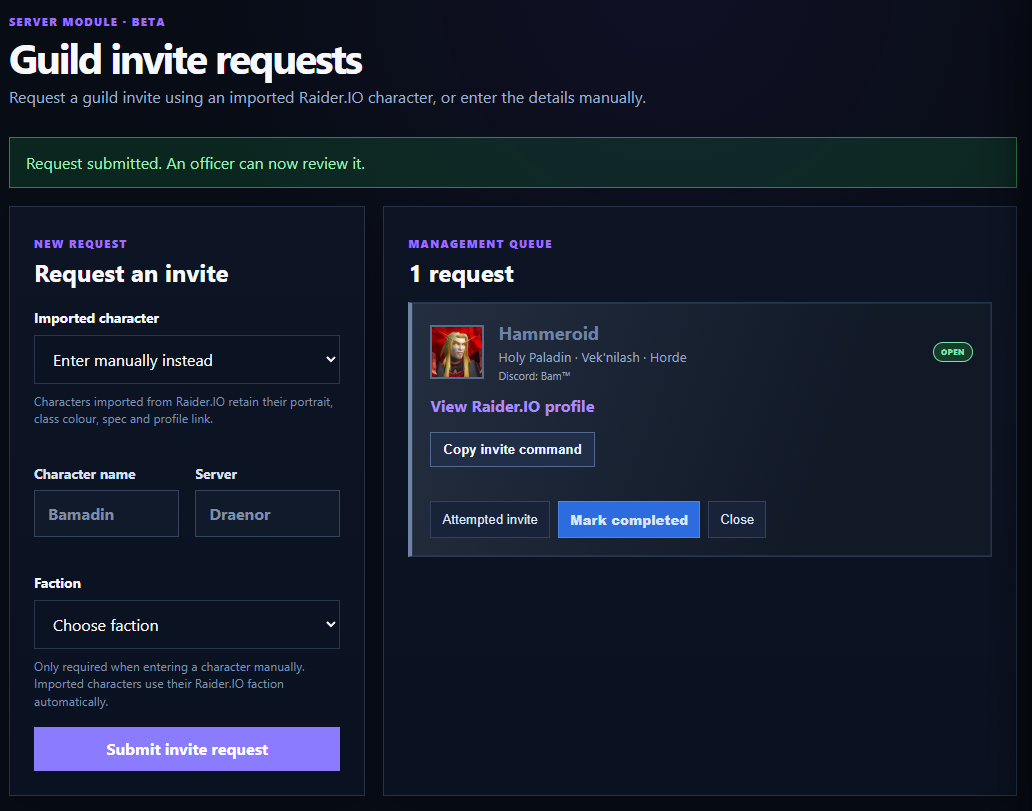 Guild invite requests are managed from a structured officer queue.