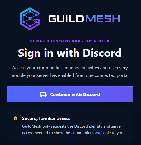 The GuildMesh landing page explains the platform and provides Discord sign-in.