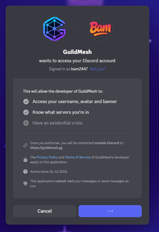 GuildMesh uses Discord OAuth to securely sign users in.