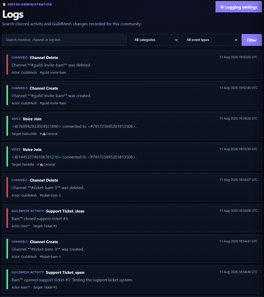 The Logs page provides a searchable record of Discord and GuildMesh activity.