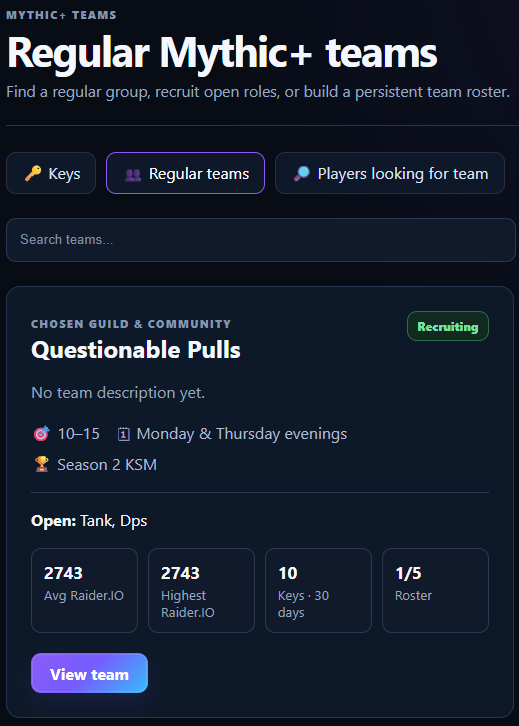 GuildMesh Mythic plus teams