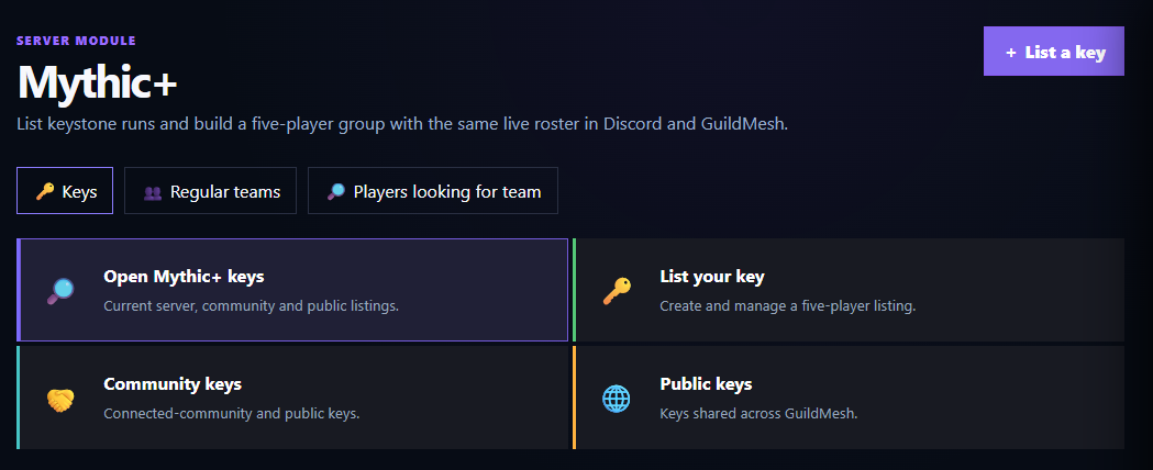 Mythic+ combines key listings, regular teams and players looking for a team.