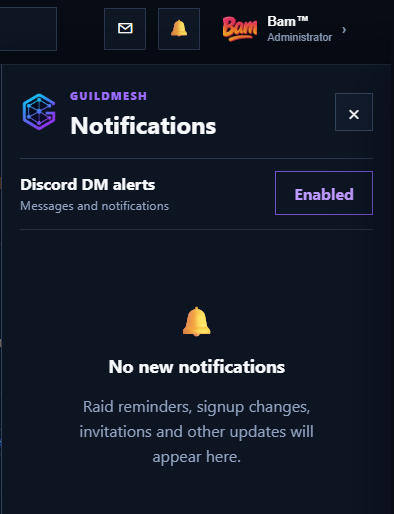 The notification panel surfaces recent GuildMesh activity without leaving the current page.