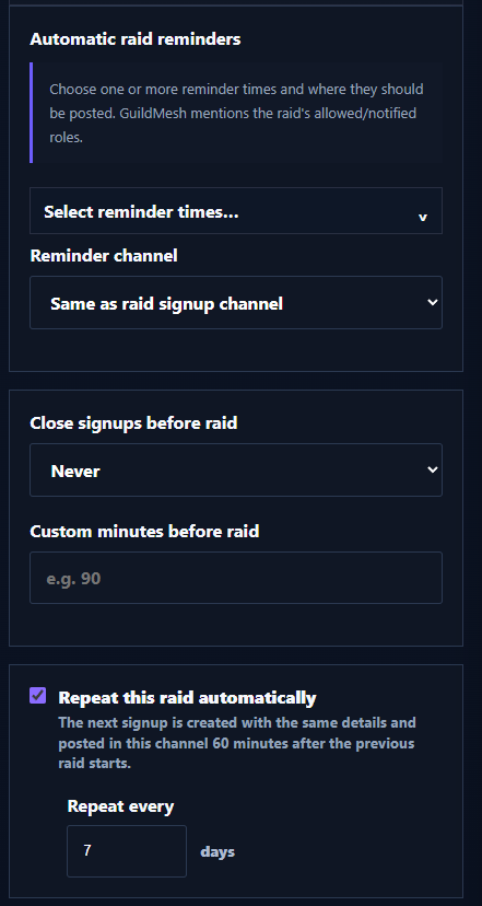 Raid scheduling controls when a raid is automatically published to Discord.