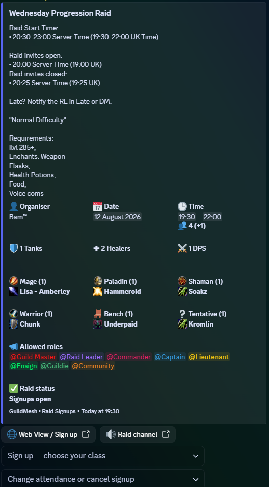 GuildMesh raid signup embed in Discord
