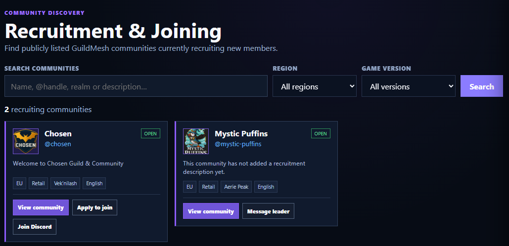 Recruitment lets players discover communities that are actively recruiting.