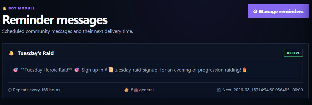 Scheduled Messages shows active recurring Discord messages.