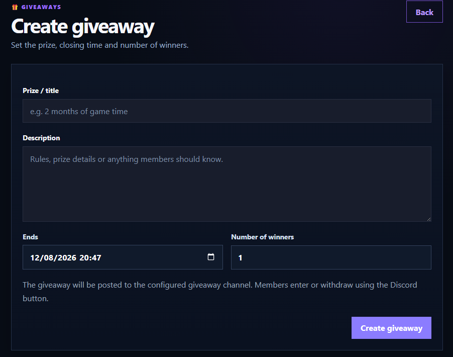 Create a giveaway from the GuildMesh portal.