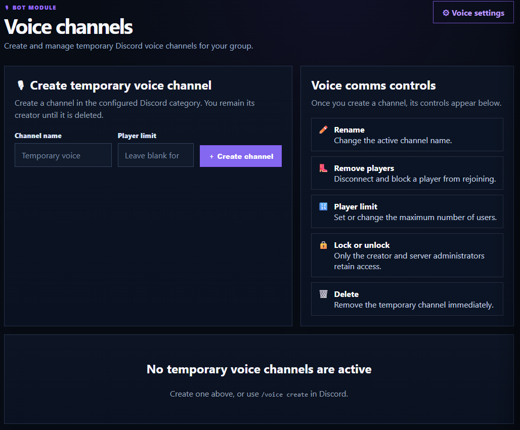 Manage temporary voice channels from the GuildMesh portal.