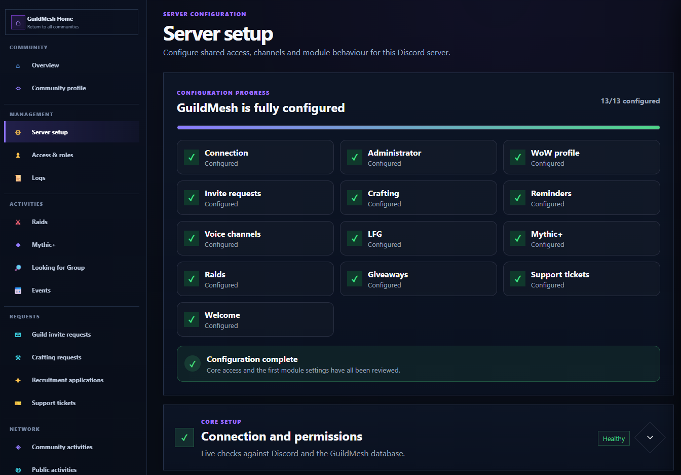 Server Setup provides a module-by-module configuration checklist.