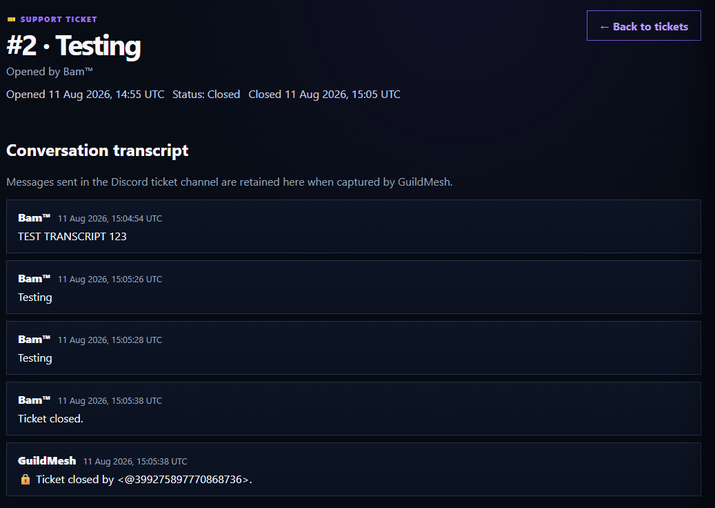 Ticket history and captured conversation transcripts are retained in GuildMesh.